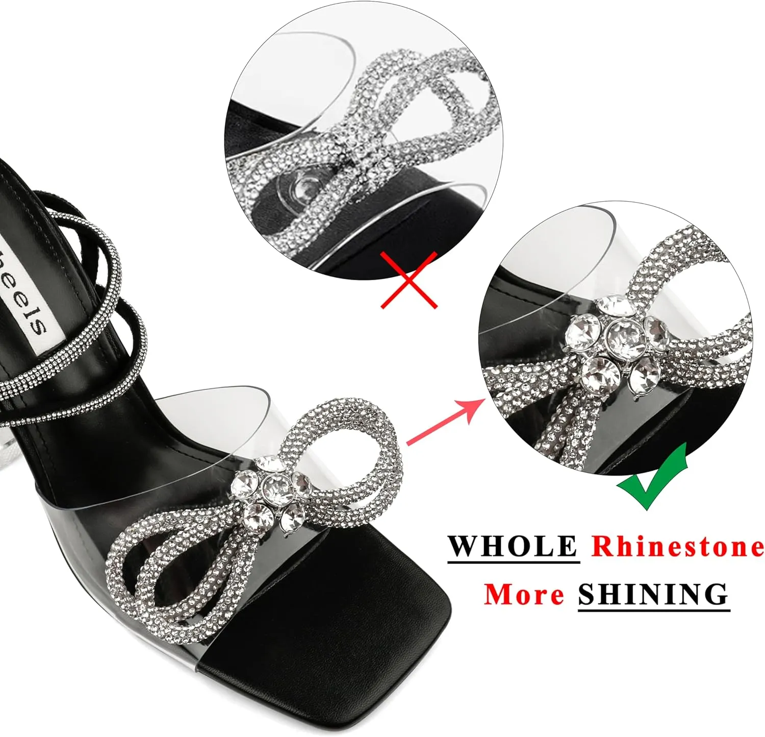 Zzheels Double Bowknots Crystal Sandals Clear Slingback Heels Square Toe Shoes for Party Wedding